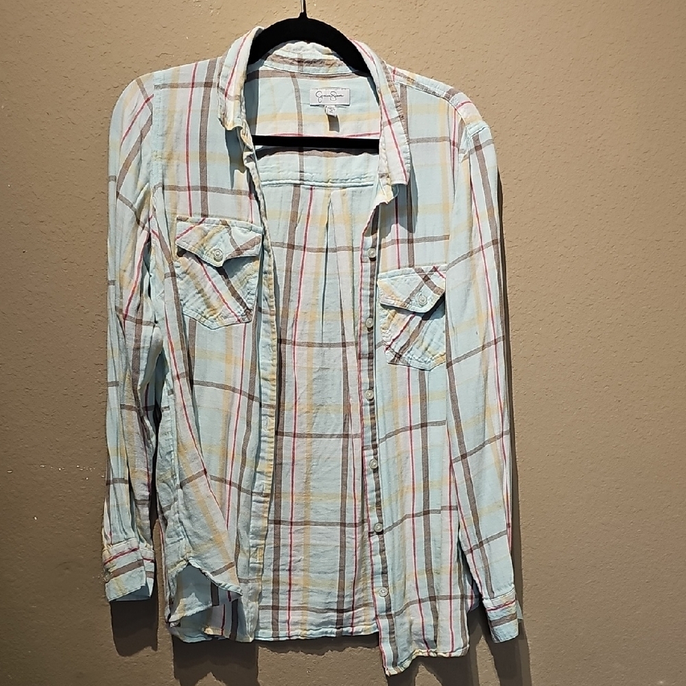 Jessica Simpson Plaid Blue Brown Pink Button-Up Shirt Size XL